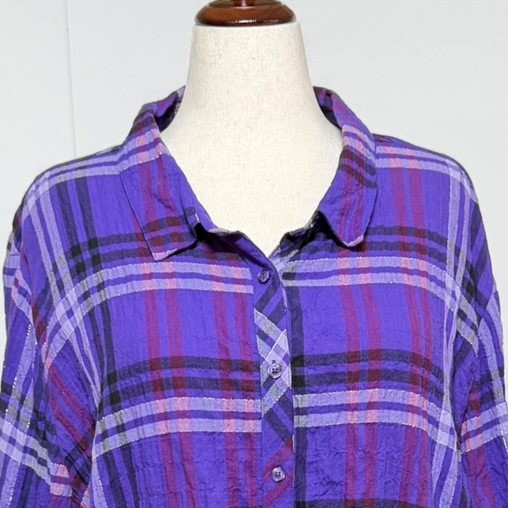 Catherines Top Women 3X 26-28W Purple Plaid Metallic Crinkle Button Up Stretch